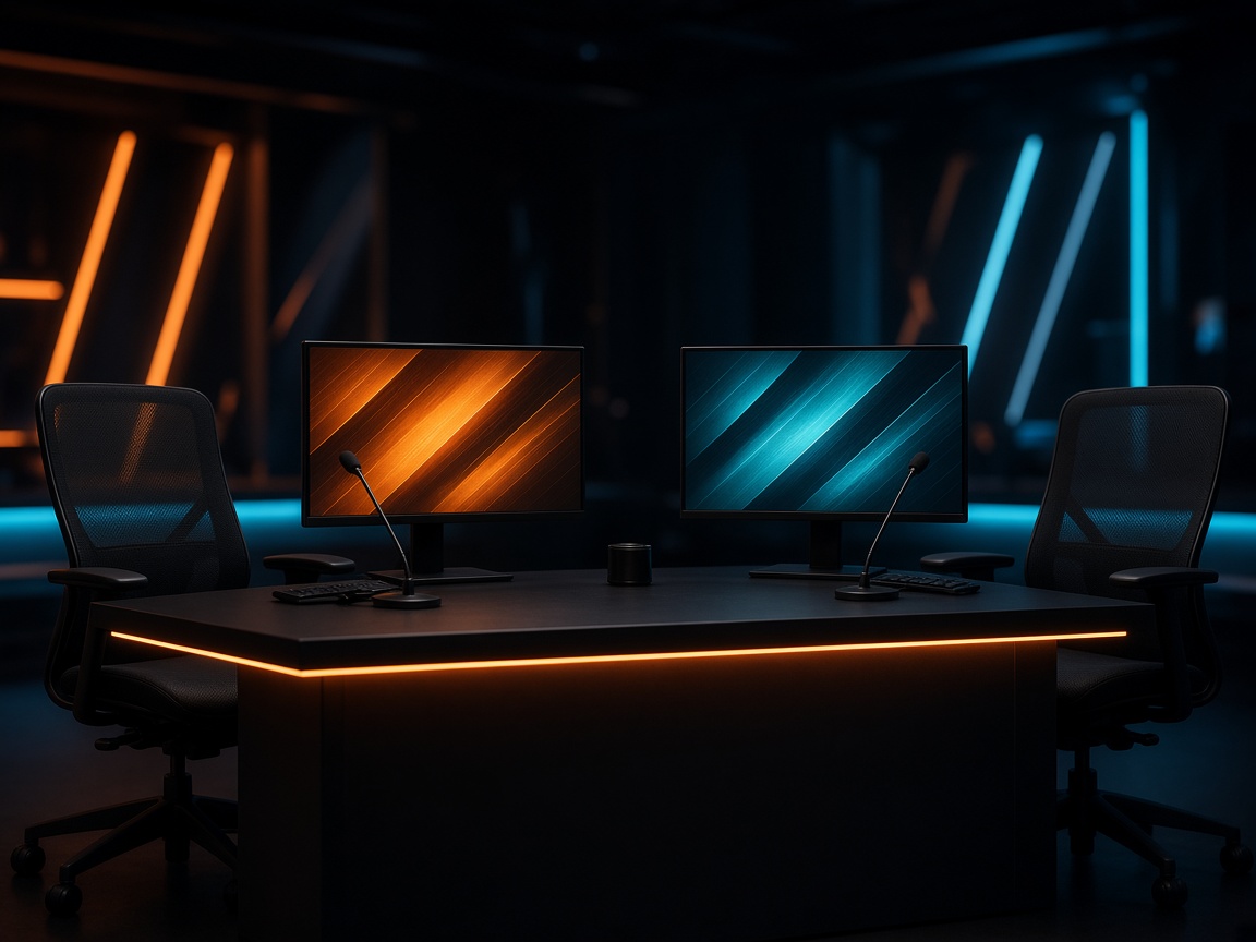Broadcast desk with microphones and orange studio light