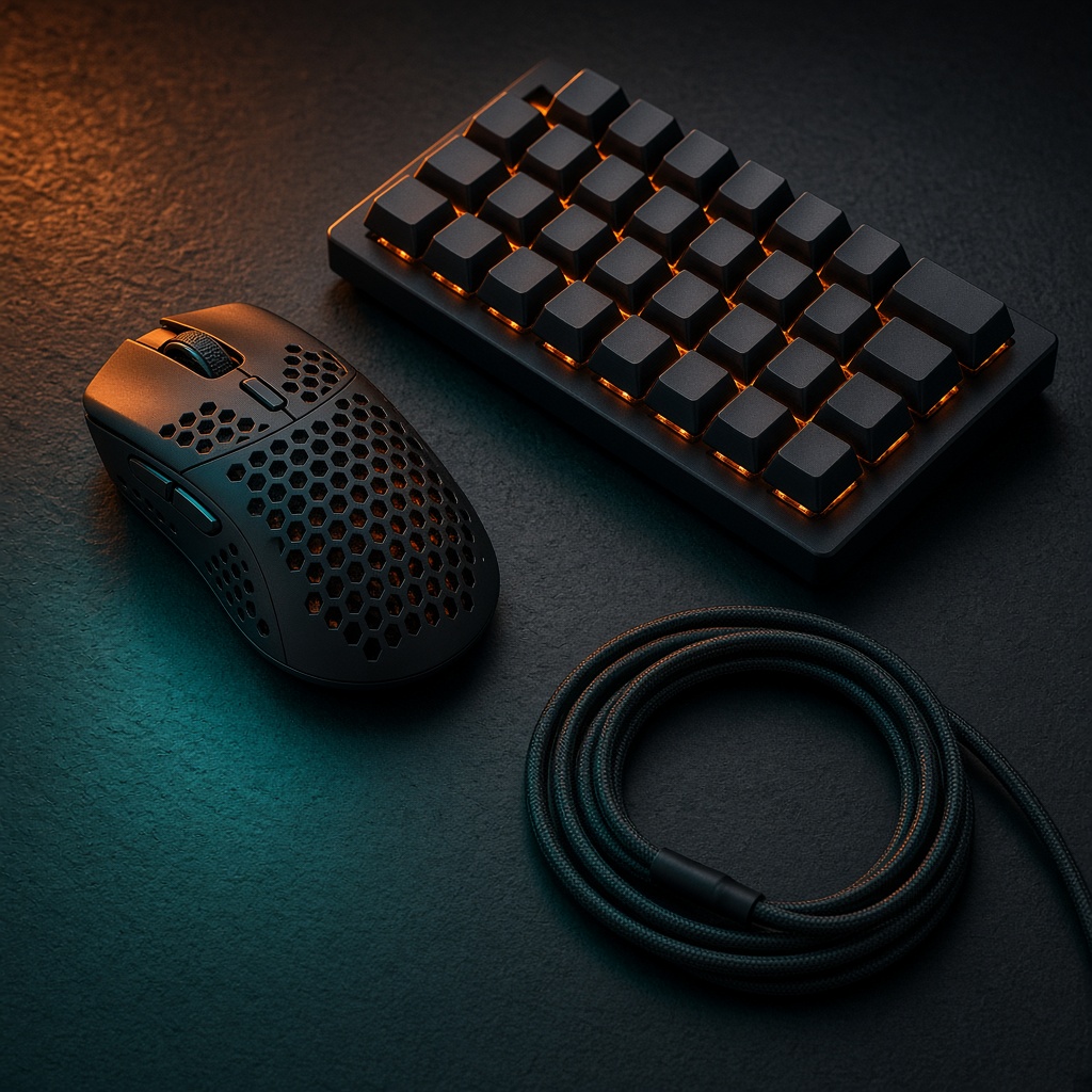 Mouse and keyboard still life on a dark desk
