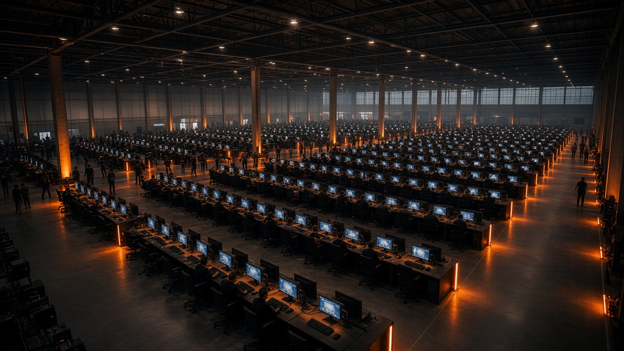 Rows of tournament computers in a hall