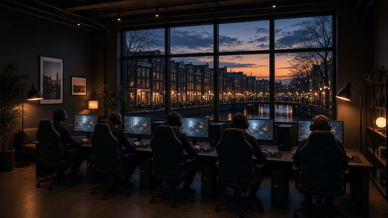 Bootcamp room with a row of battlestations in evening light