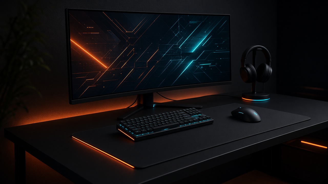 Dark competitive gaming desk with monitor, keyboard, and headset