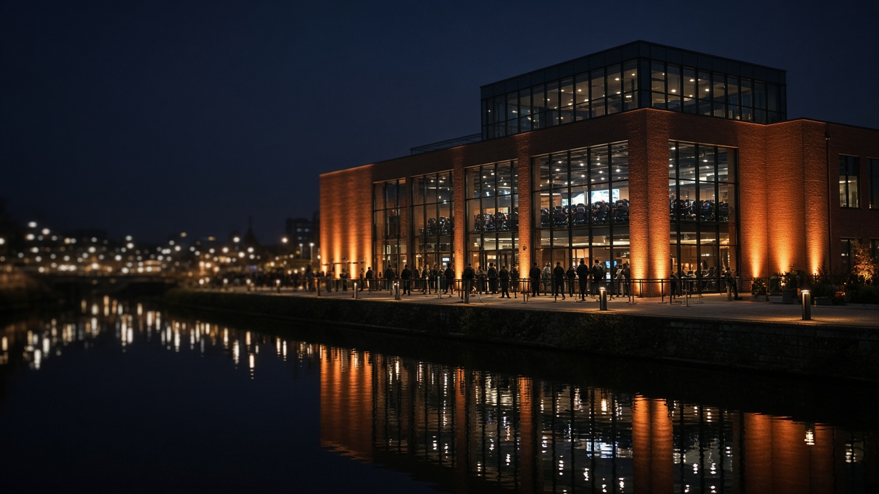 Waterfront hall at night with orange light on the facade